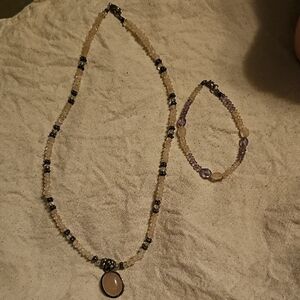 Elegant Rose Quartz And Amethyst Necklace and Bracelet Set